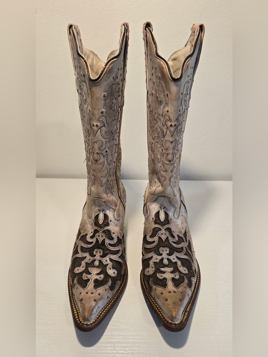 J.B. Dillon Shoes - J.B. Dillon Two-Tone Leather Cowboy Boots - Cream and Dark Brown